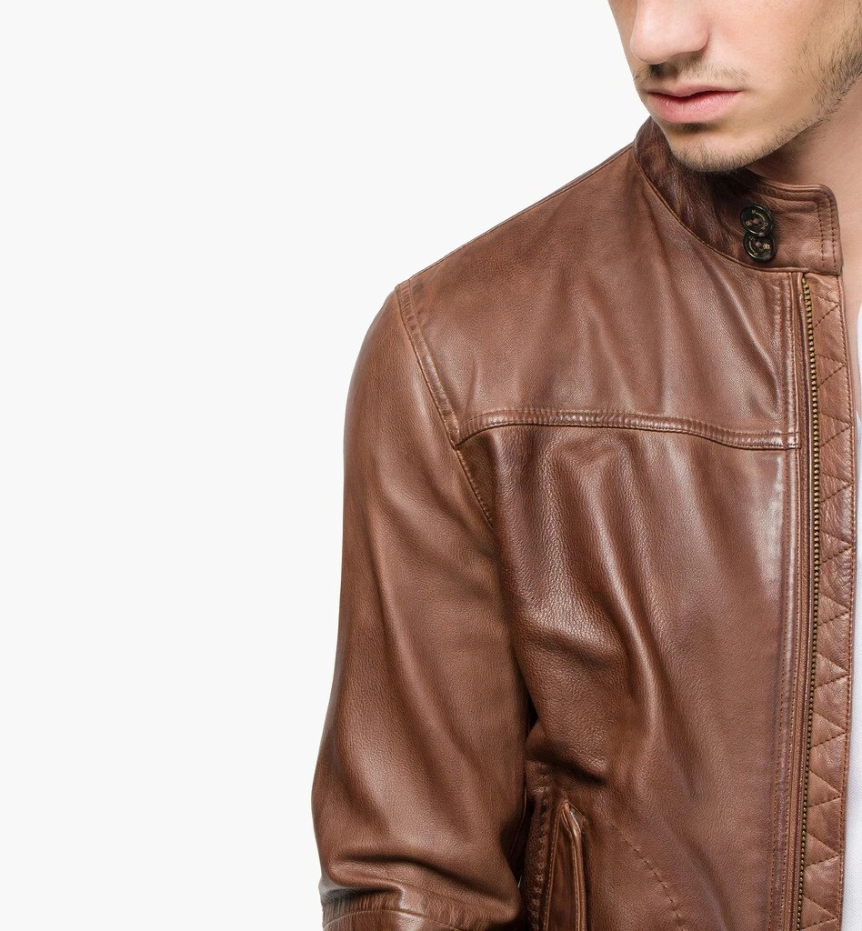NEW Men’s Brown Genuine Lambskin Leather Bomber Motorcycle Jacket XS TO 3XL