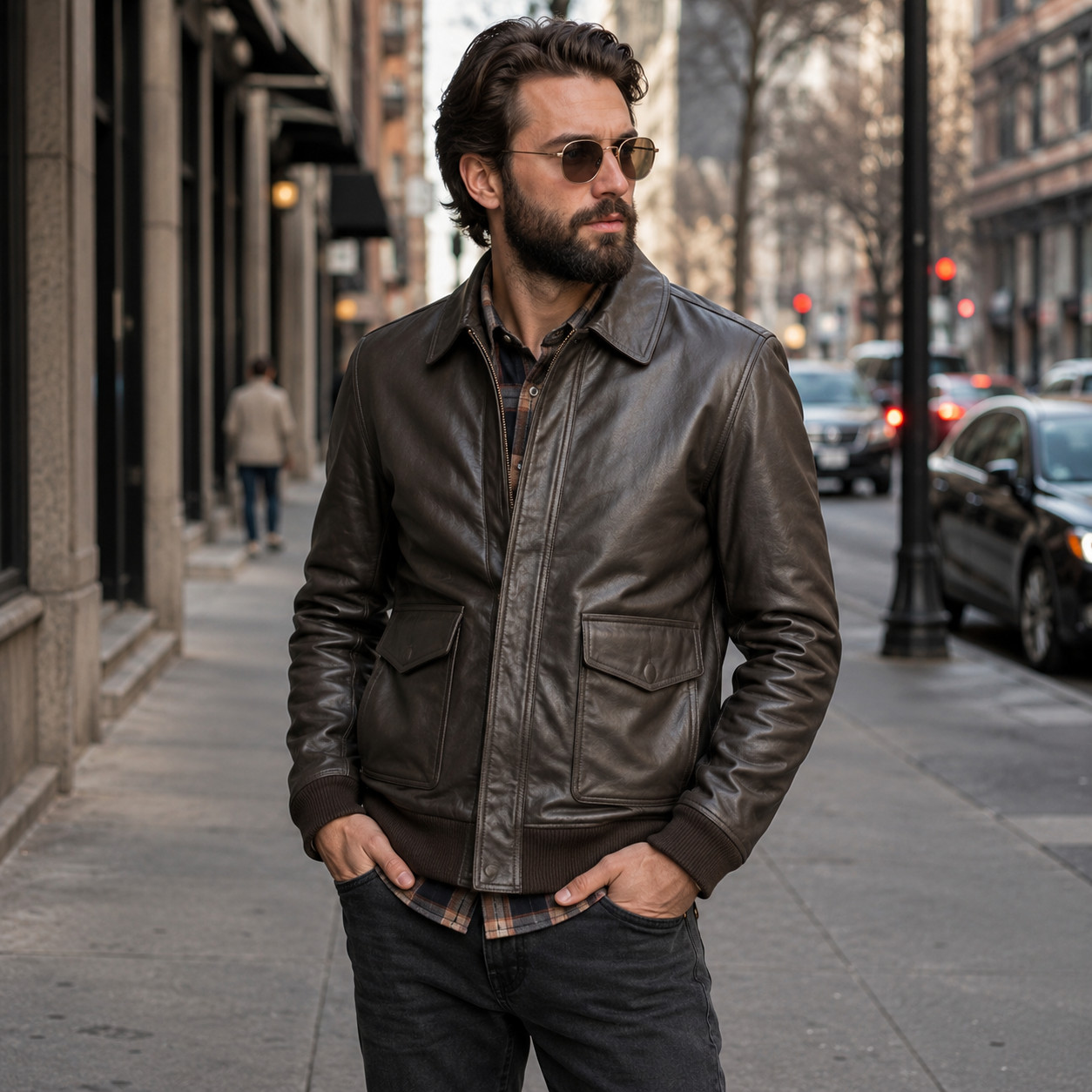 Men’s Brown Leather Bomber Jacket Rib Knit Hem Large Flap Pocket Flight Coat