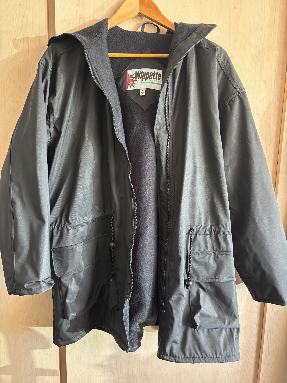 Vintage Wippette Rainthings Black Vinyl Lined Hooded Raincoat Size Large L Mens
