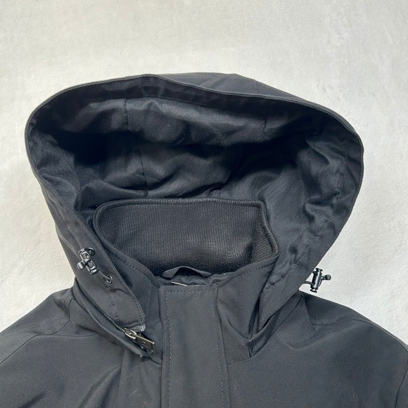 Pendleton Hooded Softshell Jacket Mens Medium Black Blue Striped Wool Stretch