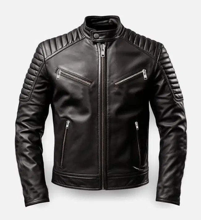 Men’s Black Leather Cafe Racer Motorcycle Jacket – Padded Shoulders Best Style