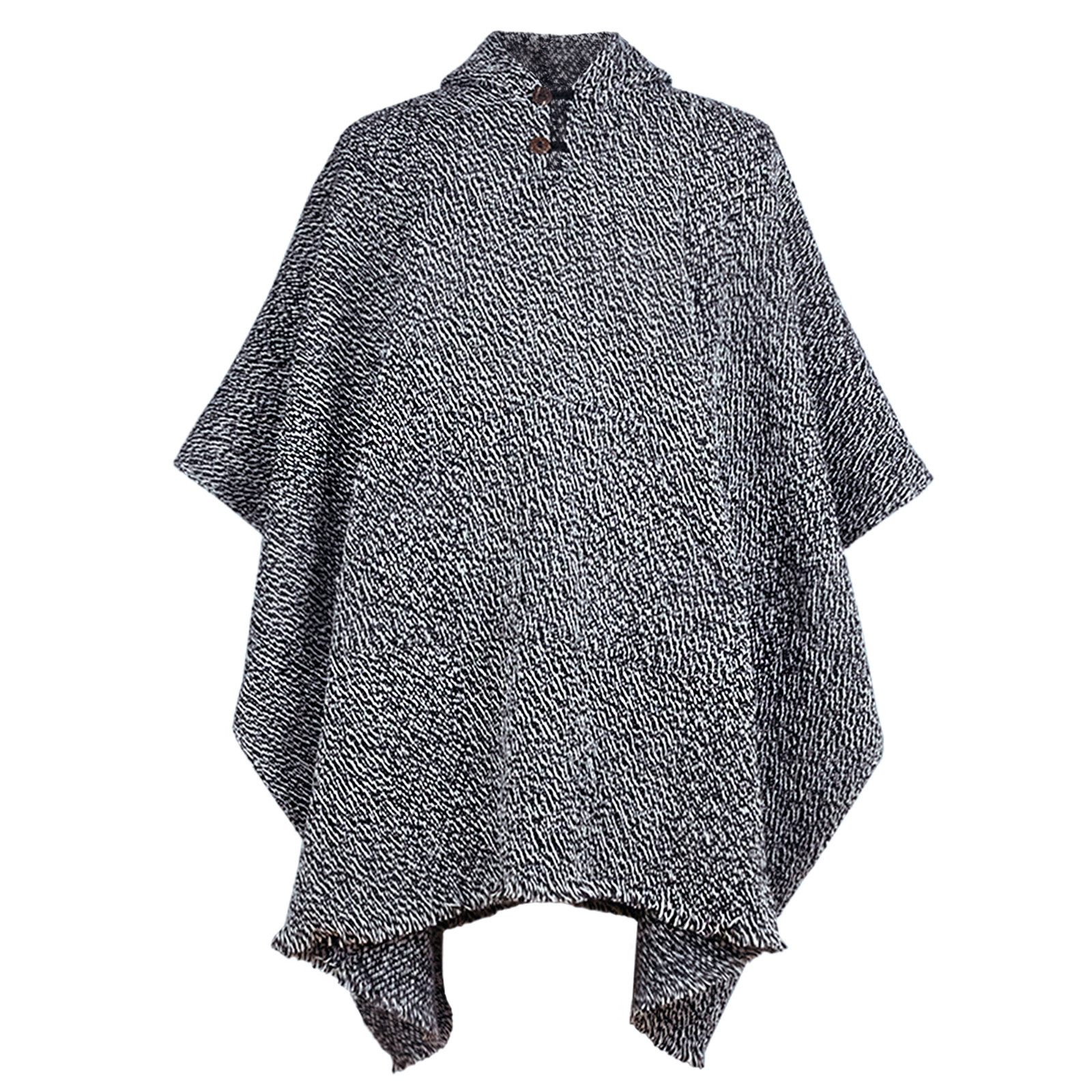 LLAMA WOOL MENS UNISEX HANDWOVEN PONCHO JACKET BLACK-WHITE WITH POCKET