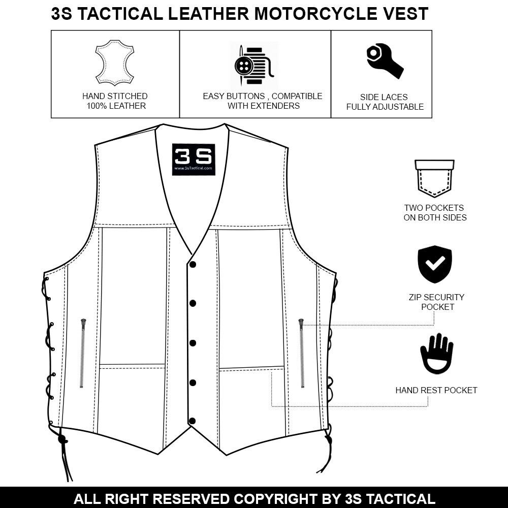 Mens Genuine Leather 10 Pockets Motorcycle Biker Vest Laces Black Brown All Size