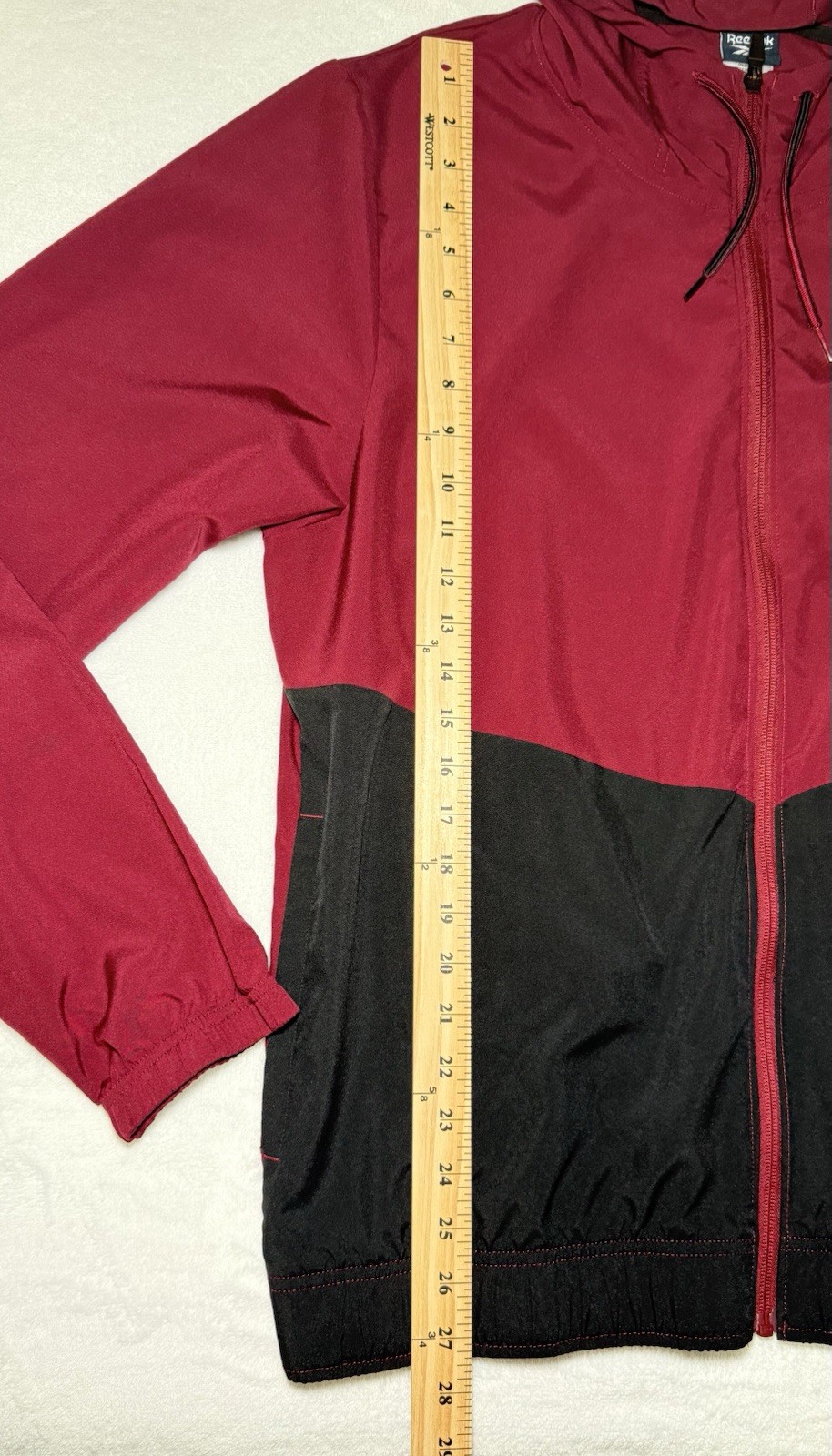 Reebok Windbreaker Jacket Mens Large Burgundy Black Colorblock Hooded Full Zip