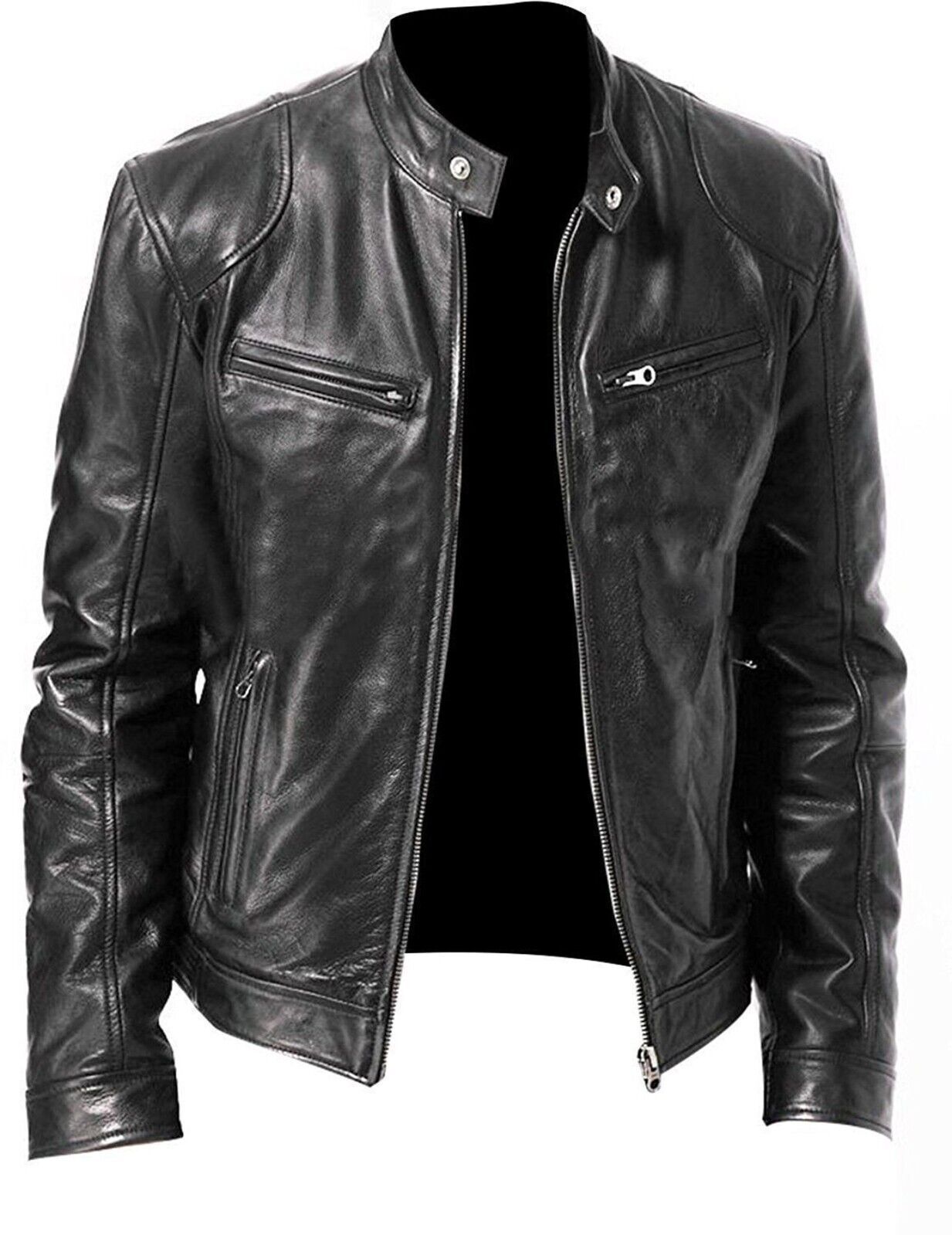 Mens Black Leather Jacket Pure Lambskin Biker Moto Racer Size S M L XL XXL 3XL