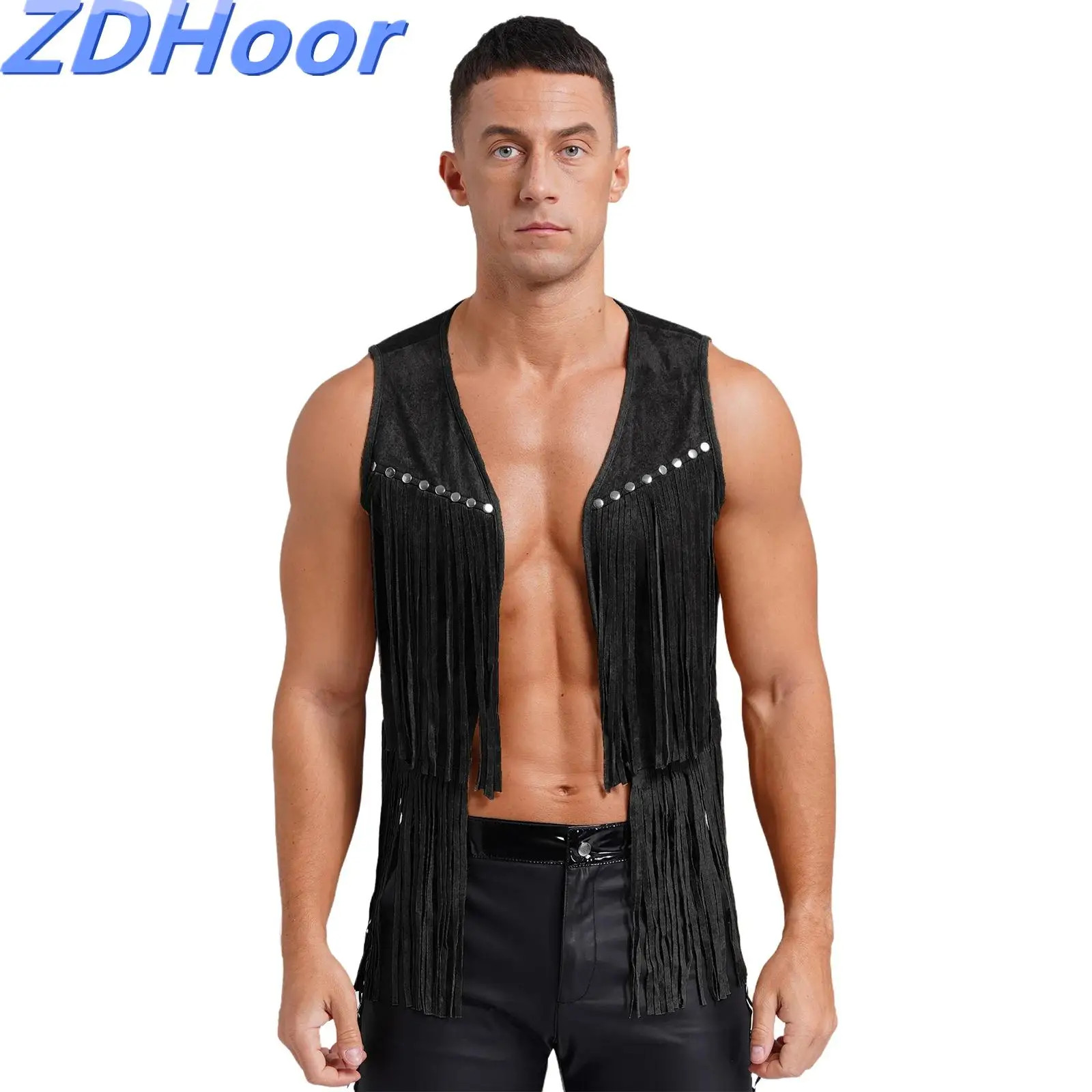 Mens Faux Suede Tassel Vest Western Cowboy Vest Fashion Rivets Fringe Waistcoat