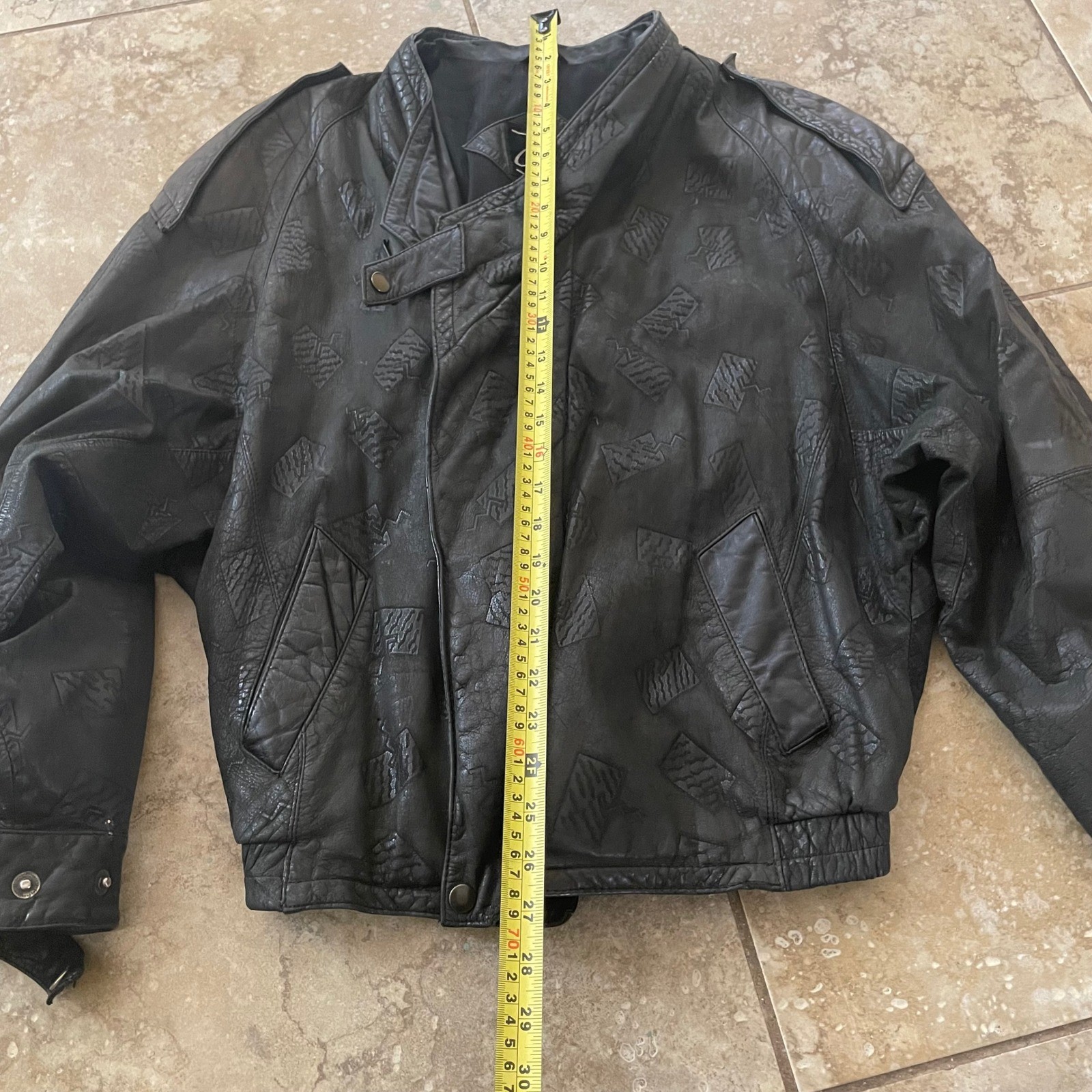 Cosi L’Uomo Mens Black Leather Embossed Geometric Bomber Jacket Size S Vintage