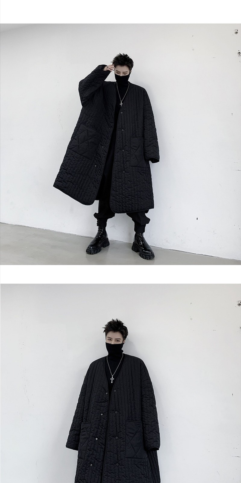 Dark Loose Men’s Mid Length Winter Cotton Jacket Windbreaker with Scarf Coat