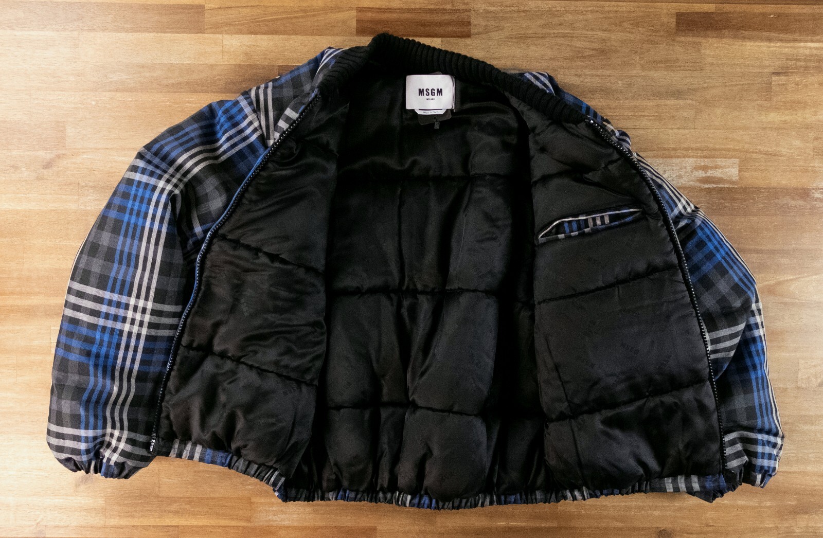 (NO CUSTOMS TAX) MSGM Milano gray & blue plaid puffer bomber jacket Size Large