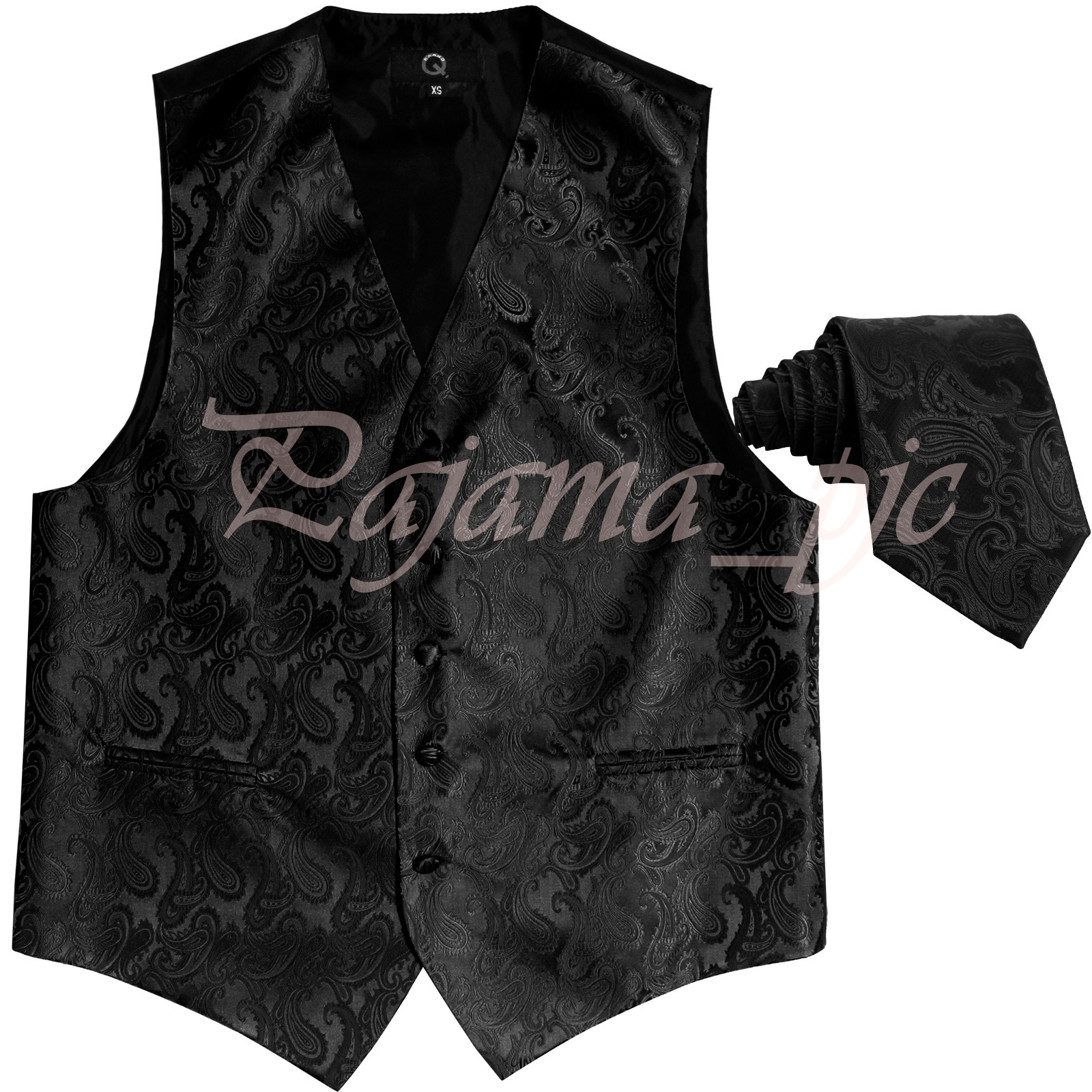 BLACK XS to 6XL 20-B Paisley Tuxedo Dress Vest Waistcoat & Neck tie Wedding Prom