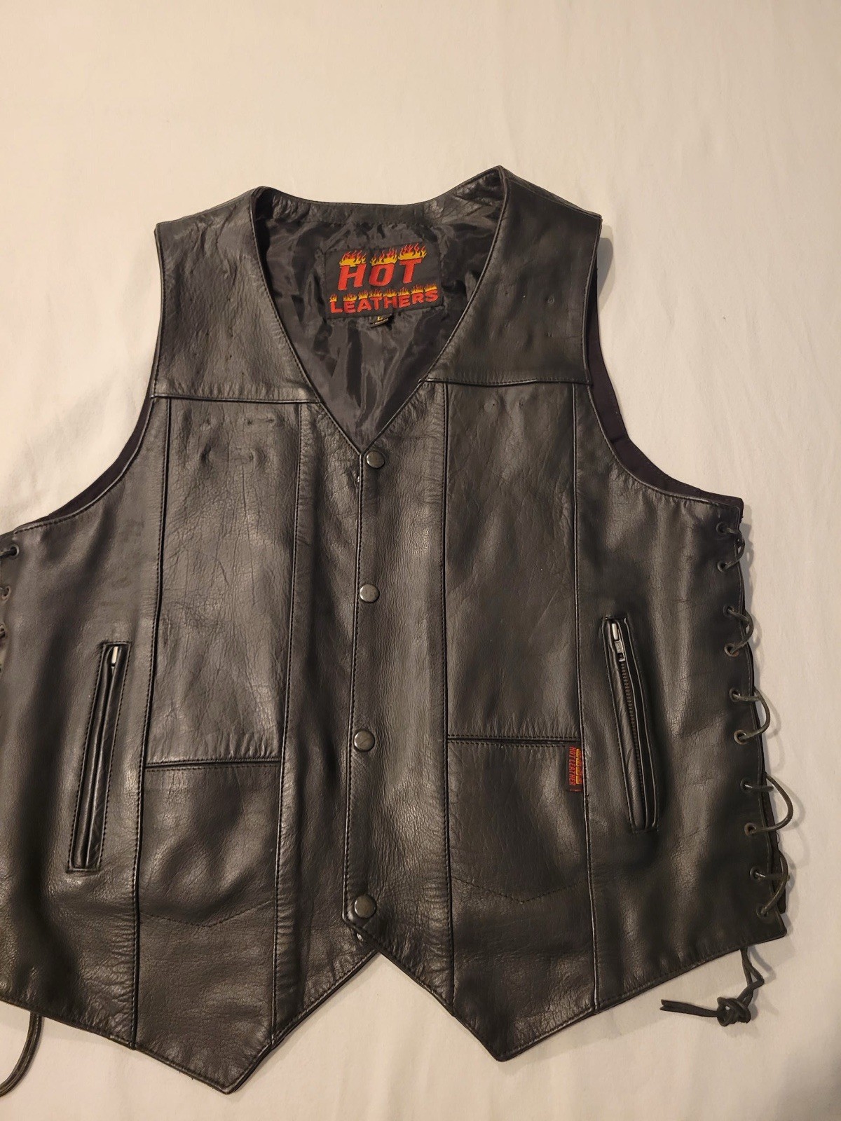 Hot Leathers Vest Mens Large Black Leather Motorcycle Snap Lace Up Sides