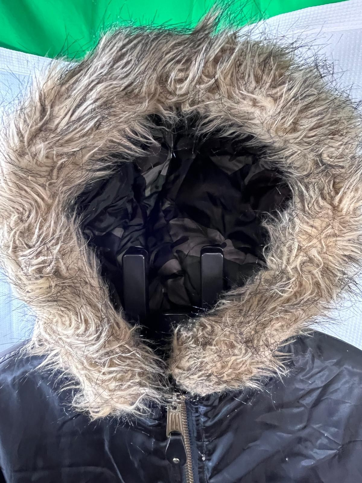 Mens Black Bomber Jacket Faux Fur Hood Quilted Camo Lining Size XL