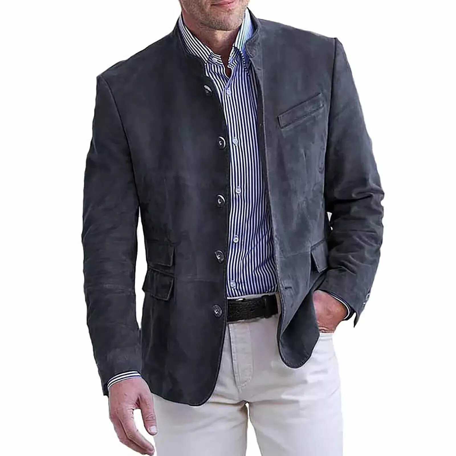 Stylish Suede Leather Blazer Men Four Button Classic Coat Vintage Jacket