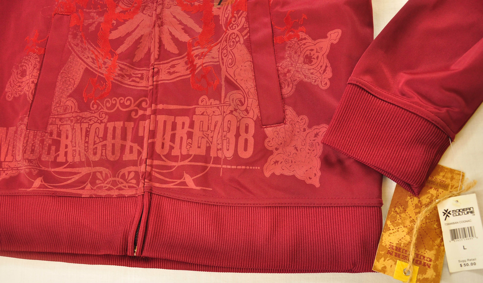 men’s Modern Culture jacket size large red zipper front collar printed design