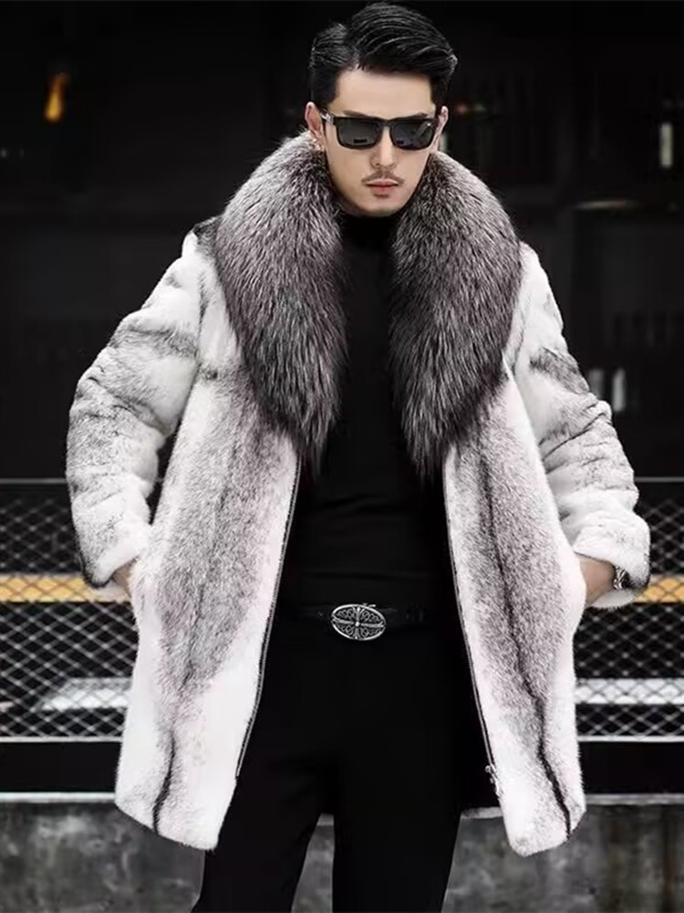 Men’s Warm Mink Fur Coat Winter Raccoon Fur Collar Thickened Warm Business Coat