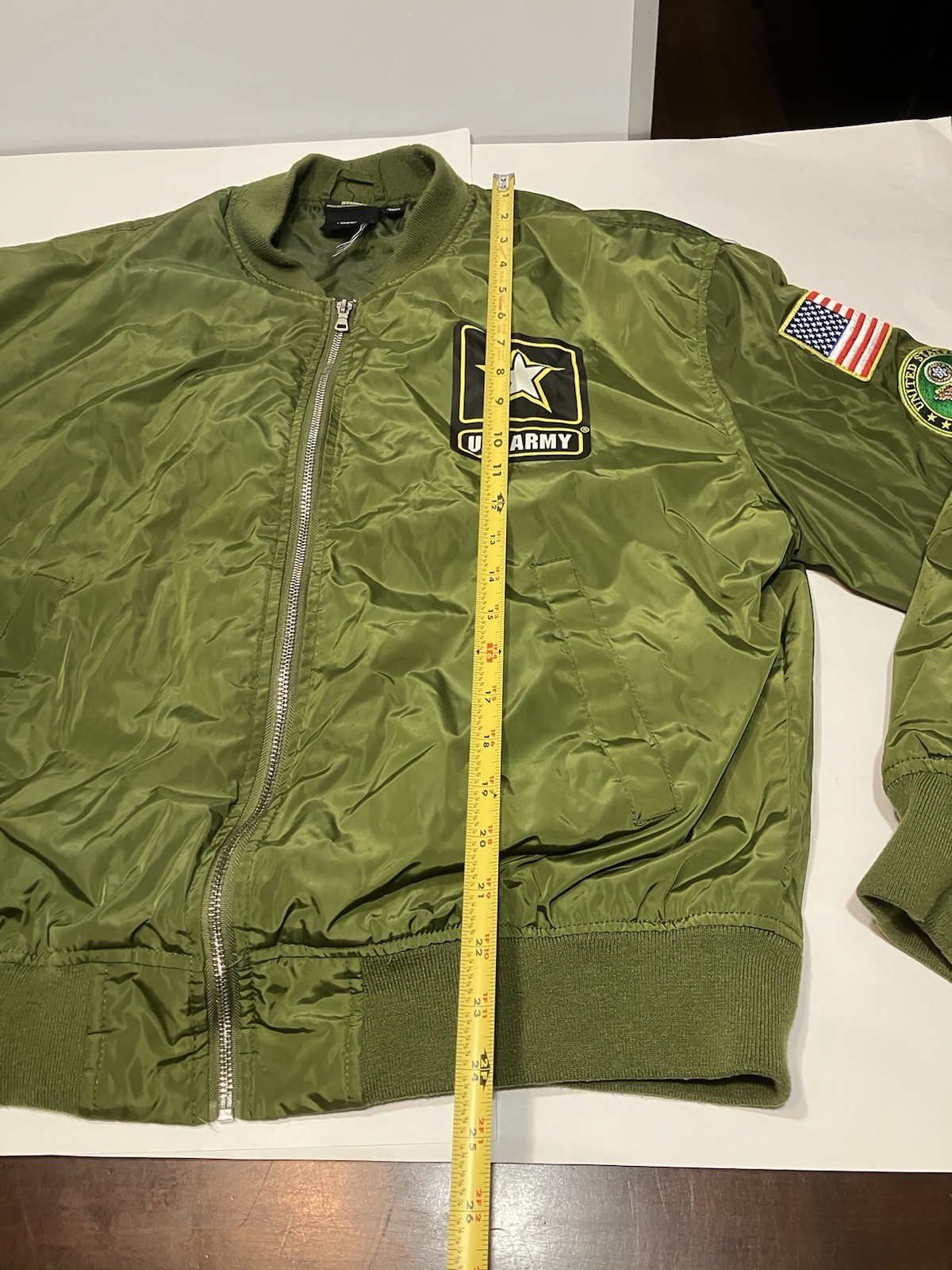 US Army Jacket Mens Medium Green Bomber Military Coat United States Flag Patch