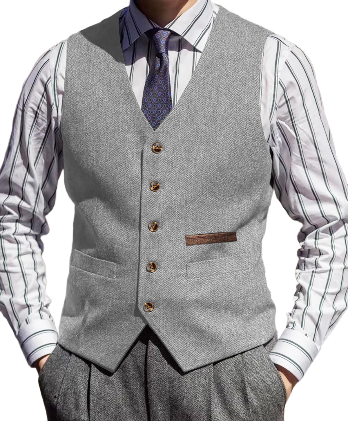 Tweed Vest Mens V-Neck Grooms Waistcoat Wool Waistcoat Herringbone Vintage Retro