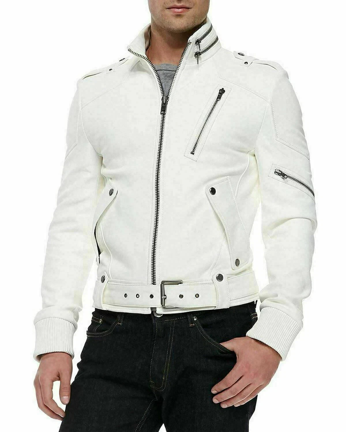 Men’s White Jacket Real Soft Lambskin Leather Stylish Handmade Motorcycle Biker
