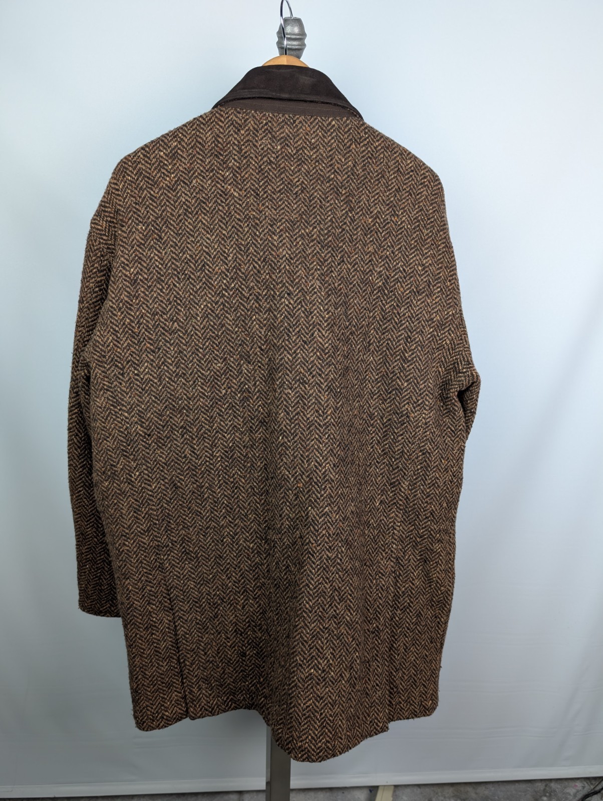 DANIEL CREMIEUX Tweed Herringbone Wool Blend Coat Sz L Leather Trim Brown