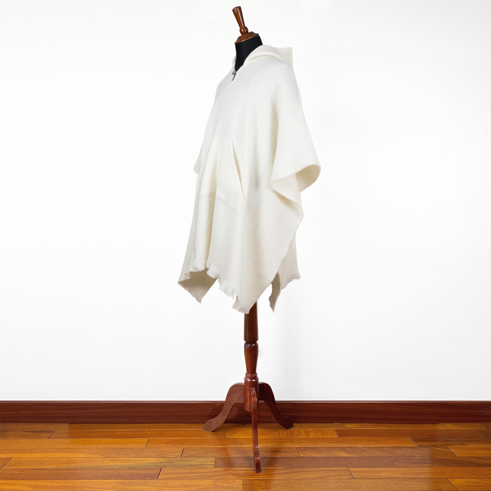 LLAMA WOOL WHITE MENS UNISEX LADY JEDI CAPE PONCHO JACKET WITH POCKET OTAVALO