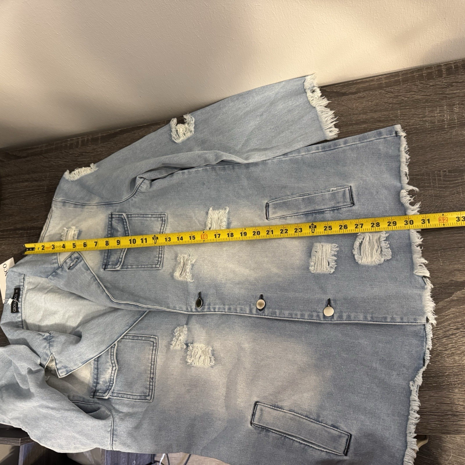 Mens Giovanco Casual Lapel Collar Single Breasted Ripped Denim Raw Trim Jacket S