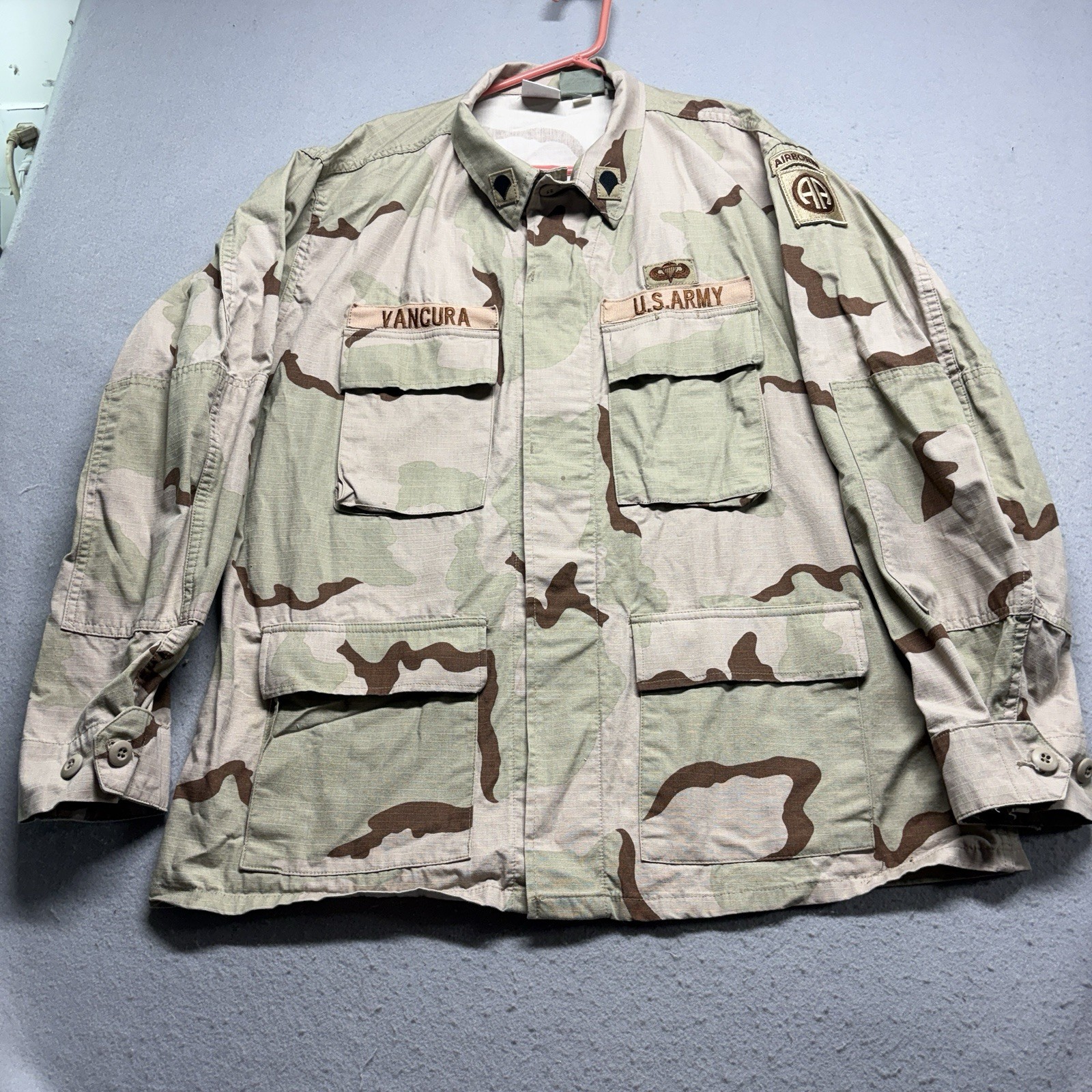 Army Airborne Desert Camo Combat Coat Jacket Mens Lg Reg Shirt Tactical Patches