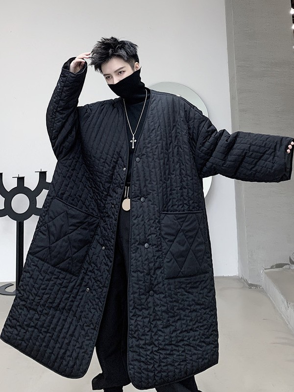 Dark Loose Men’s Mid Length Winter Cotton Jacket Windbreaker with Scarf Coat
