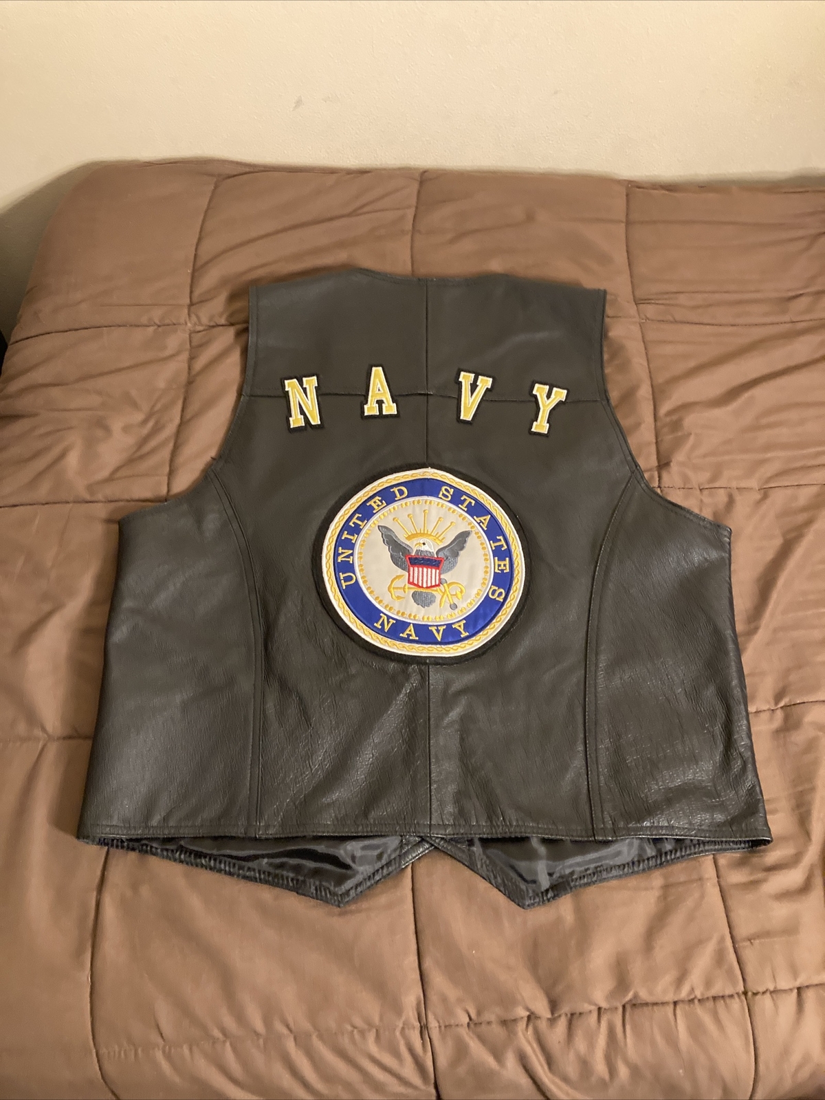 USA Leather Vest United States Navy Big Patch Emblem Size XL NOS (RARE)