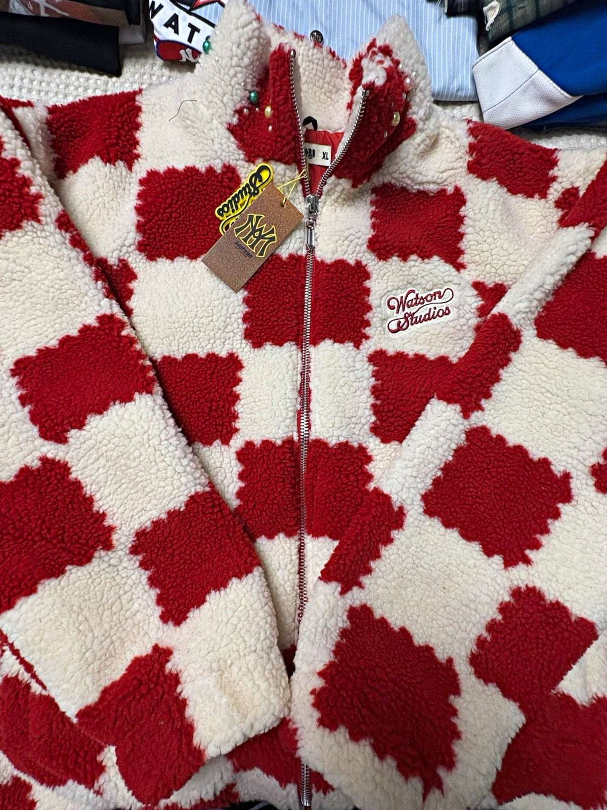 Watson Studios Men’s XL Red/White Check Full Zip Jacket Stand-Up Collar