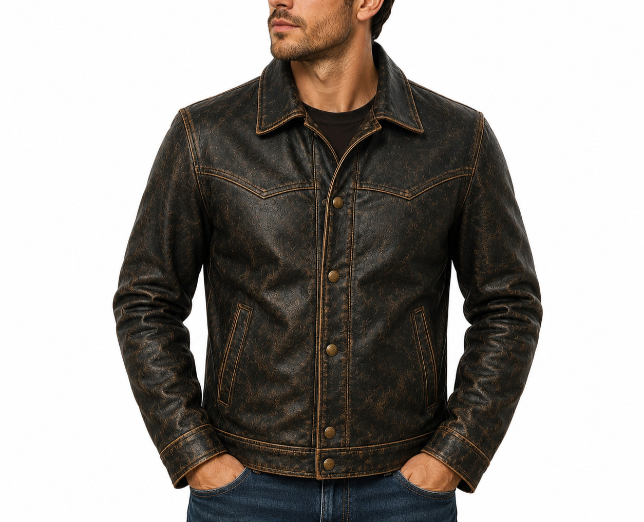 Mens Genuine Cowhide Leather Trucker Jacket Distressed Vintage Western Ranch cao