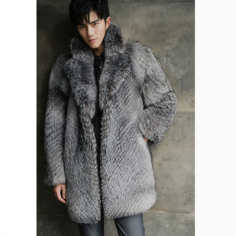Winter Warm Mens Fashion Lapel Collar Faux Fox Fur Jackets Coats Outwear Parka