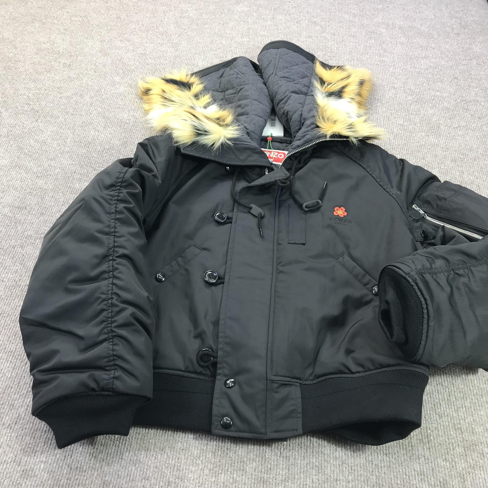 Kenzo Jacket Mens Small Black Short Parka Fur Hood Removable Quilted Insulated