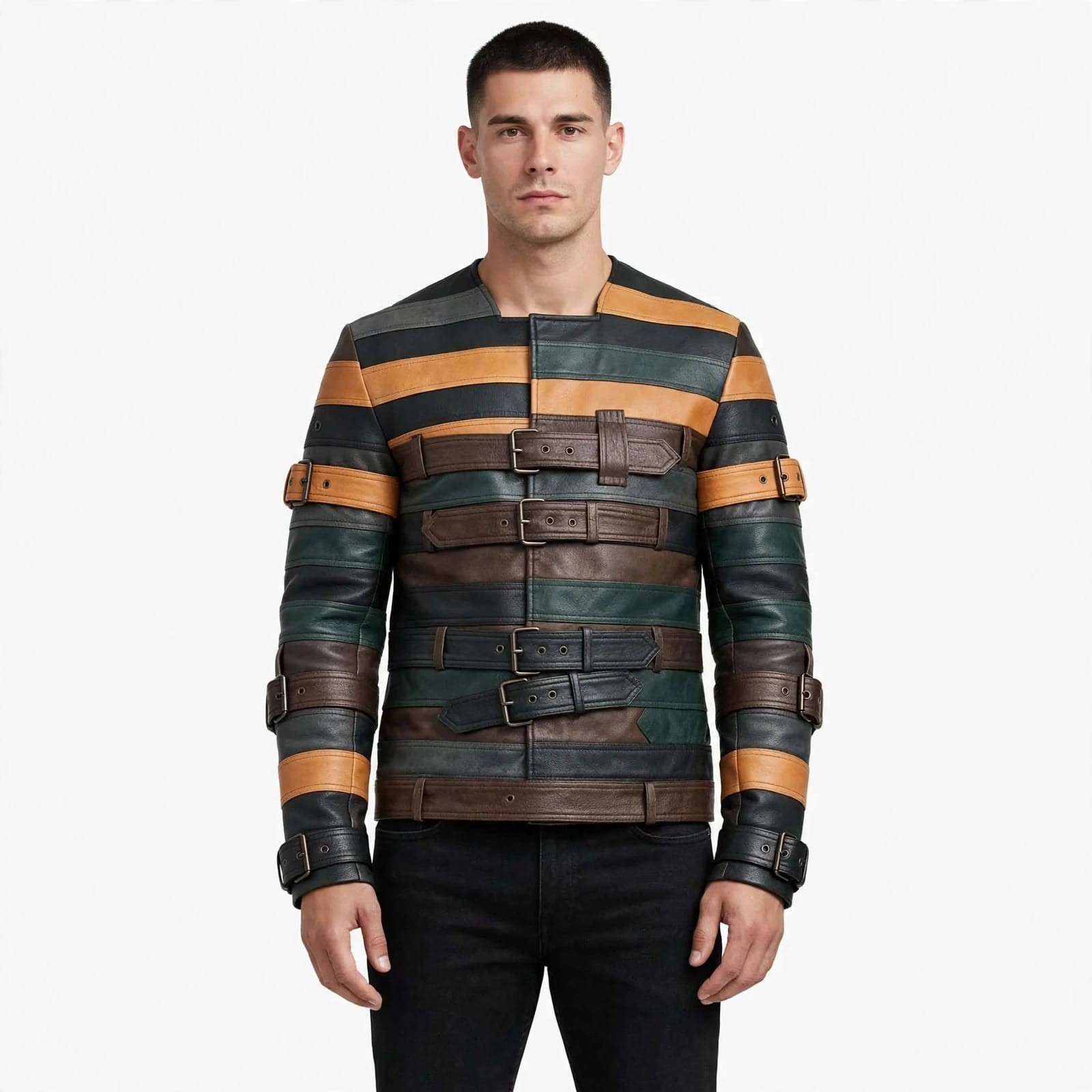 Multi-Tone Leather Belted Jacket | Handmade Striped Sheepskin Biker Streetwear