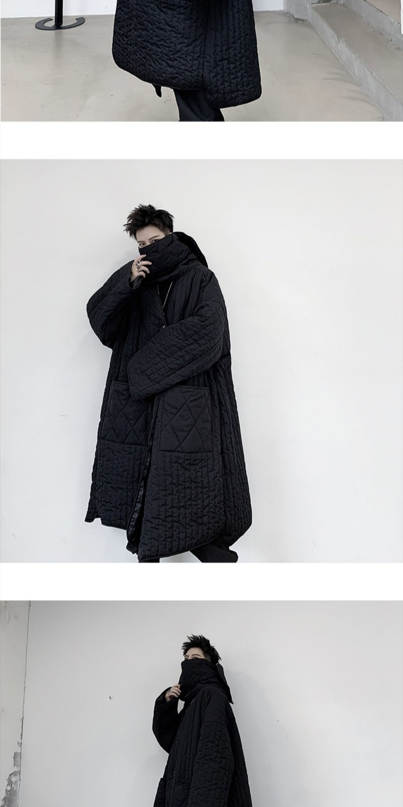Dark Loose Men’s Mid Length Winter Cotton Jacket Windbreaker with Scarf Coat