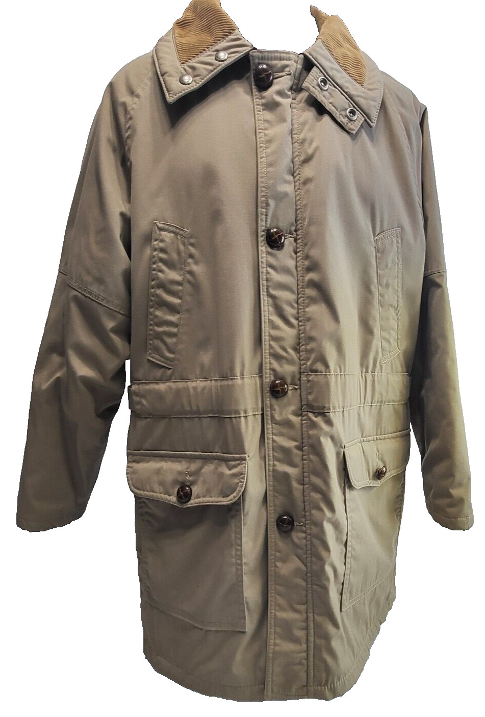 Field And Stream Brown Tan Four Button Full Zip Coat Corduroy Collar Sz 40 Vtg