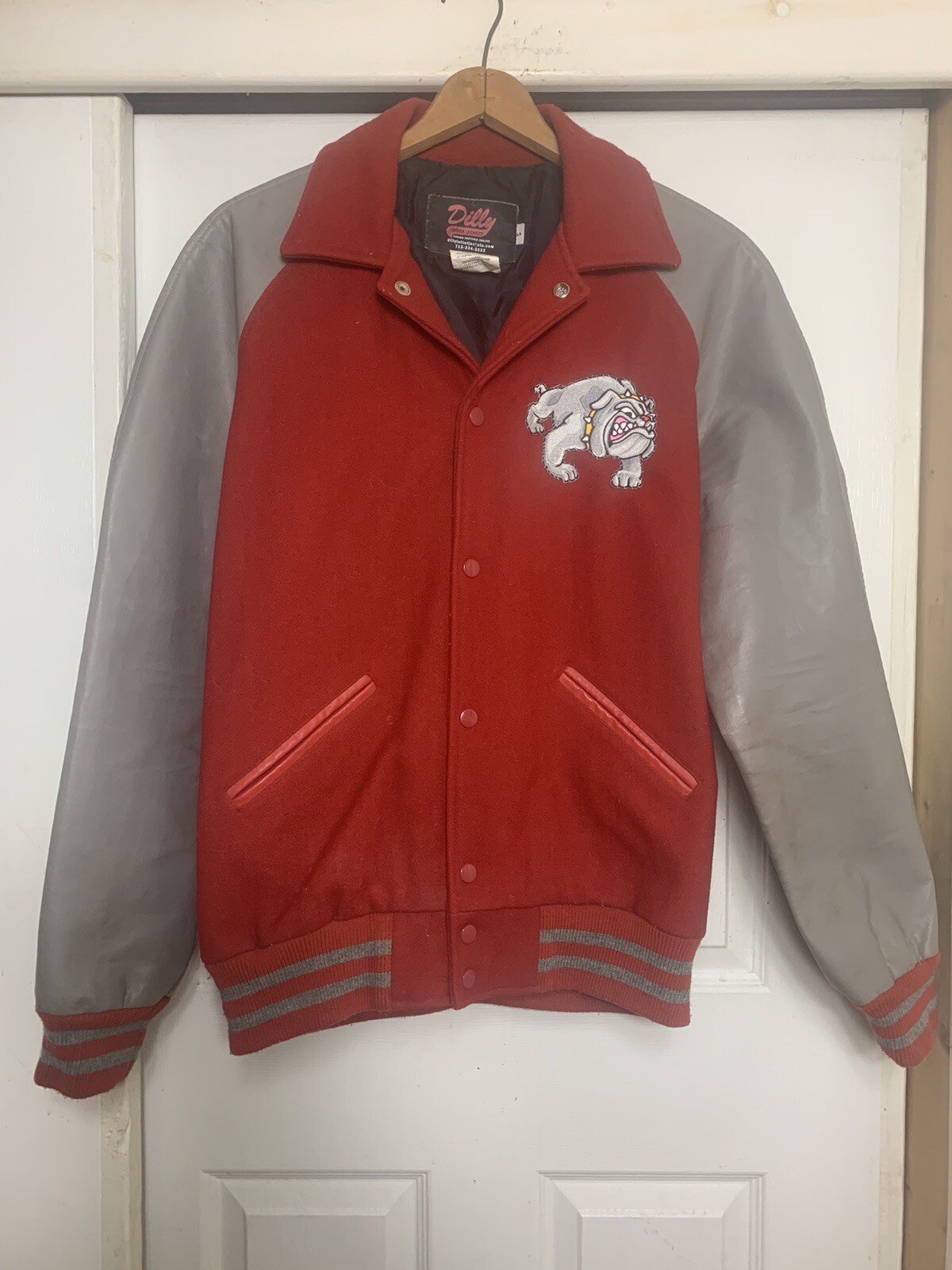 Dilly Letter Jacket S Gorp Core Red Wool Gray Vinyl Sleeves Bulldog Patch-Yes/No