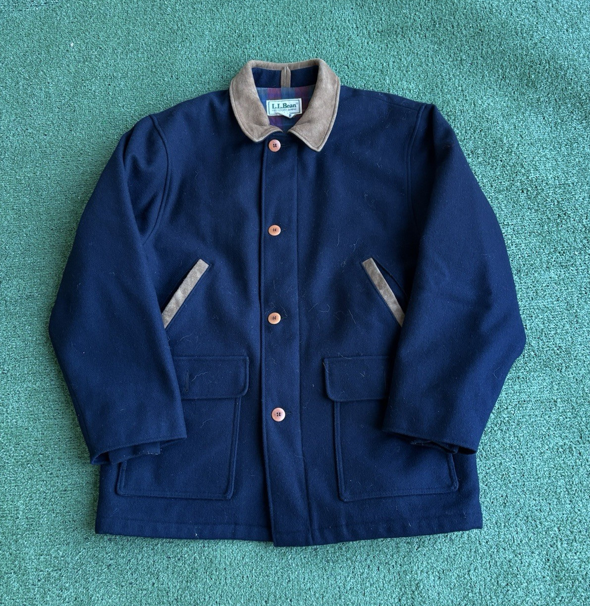 L.L.Bean Men’s Blue Wool Overcoat Jacket Spread Collar Lined Button Size L