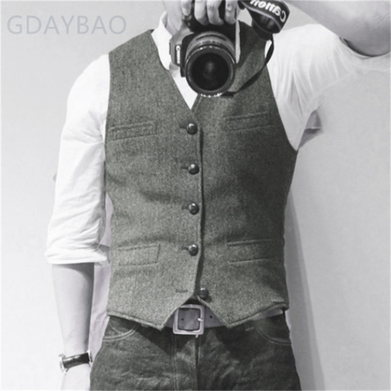 Formal Men Herringbone Double-Breasted Tweed Waistcoat Vest Wedding Vintage Wool
