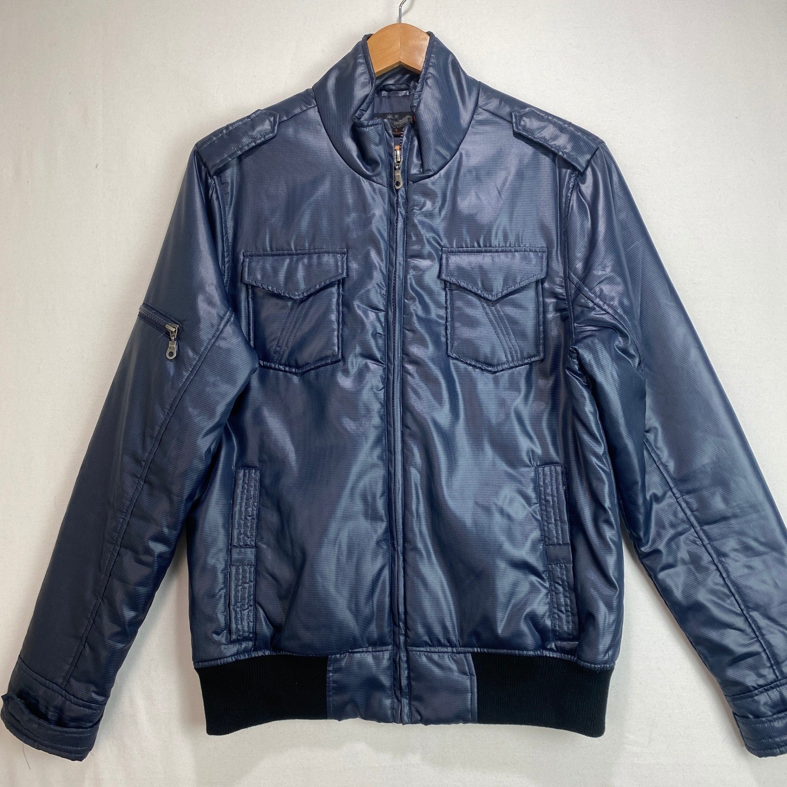 G by GUESS Mens Blue Metallic Bomber Jacket Small Shiny Full Zip Moto Coat
