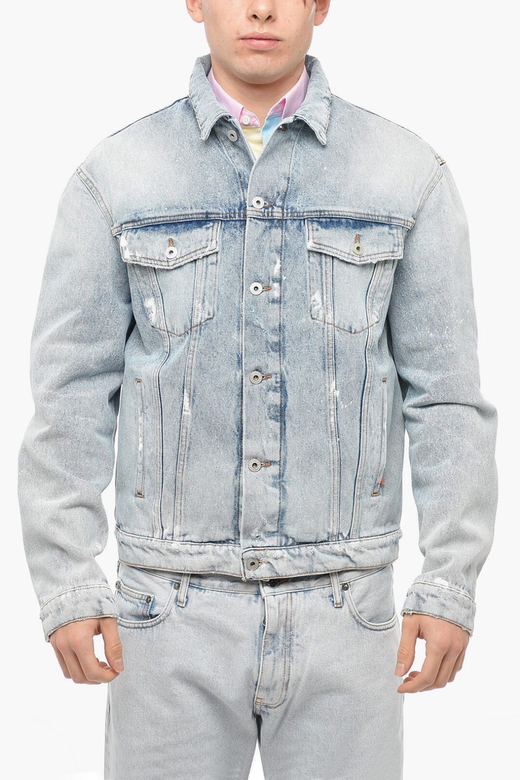 (NO CUSTOMS TAX) HERON PRESTON blue distressed paint splatter denim jacket Large