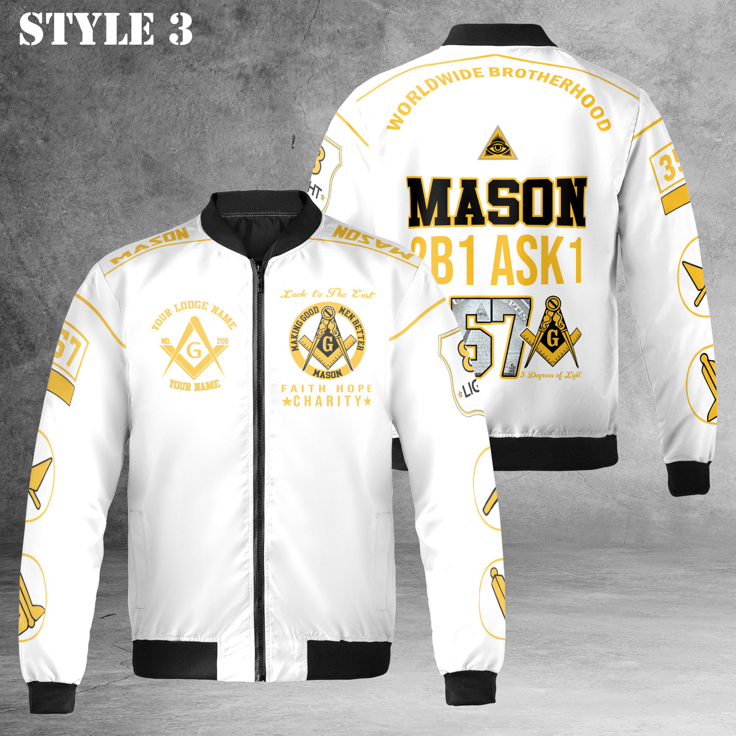 Custom Worldwide Brotherhood Mason 2B1 ASK1 357 3D Bomber Jacket S-5XL