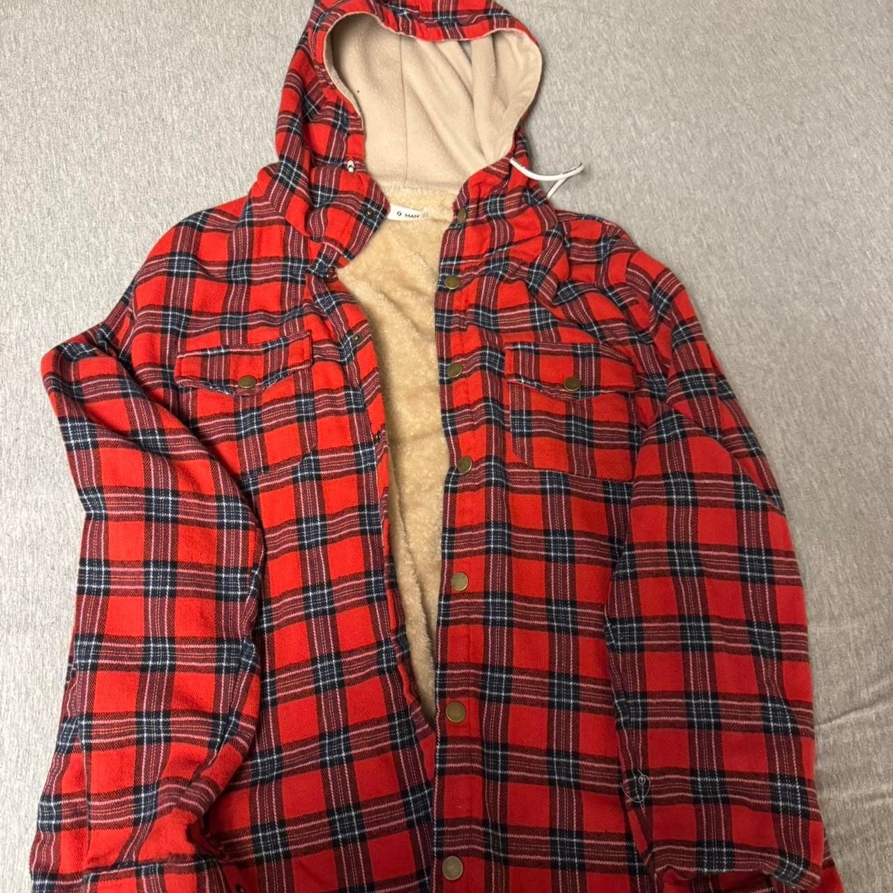 LI MAN Red and Navy Checkered Hooded Shacket