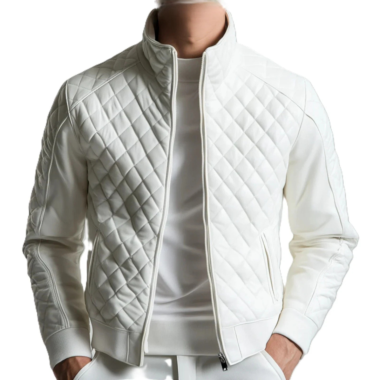 Men’s Real Lambskin Leather White Bomber Jacket Quilted Style Biker Coat Jacket
