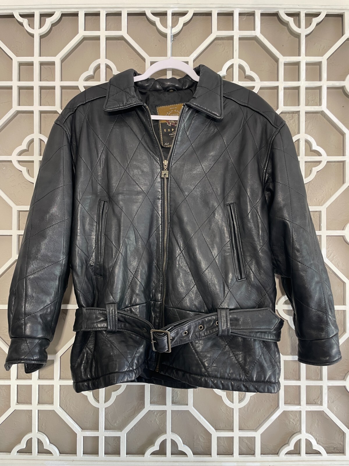 Express Leather Jacket Mens S Small Black Quilted Belted Biker Motorcycle Moto