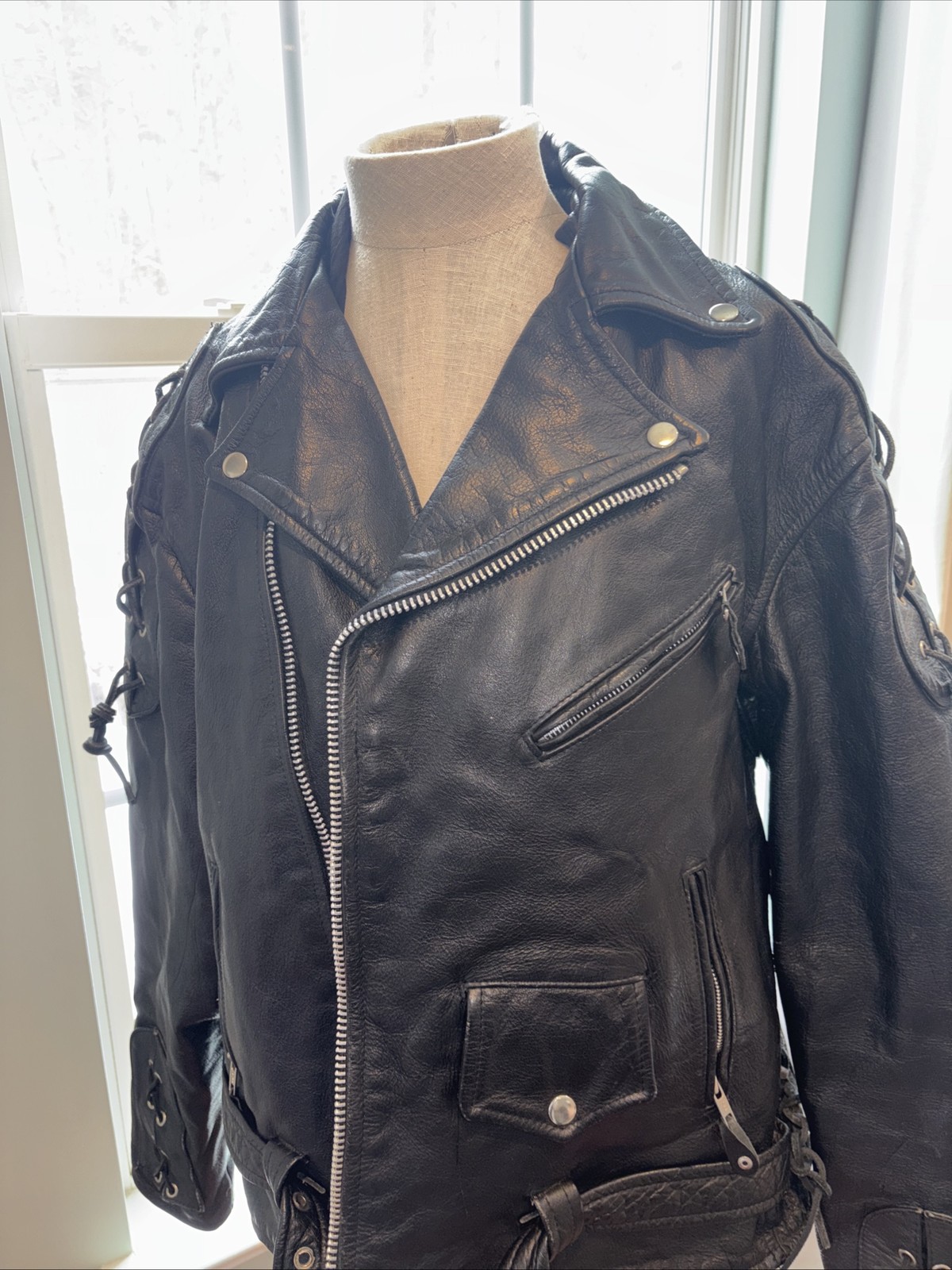 JR Jacket Mens Biker Genuine Leather Motorcycle Lace Up Zipper Details Belted 50