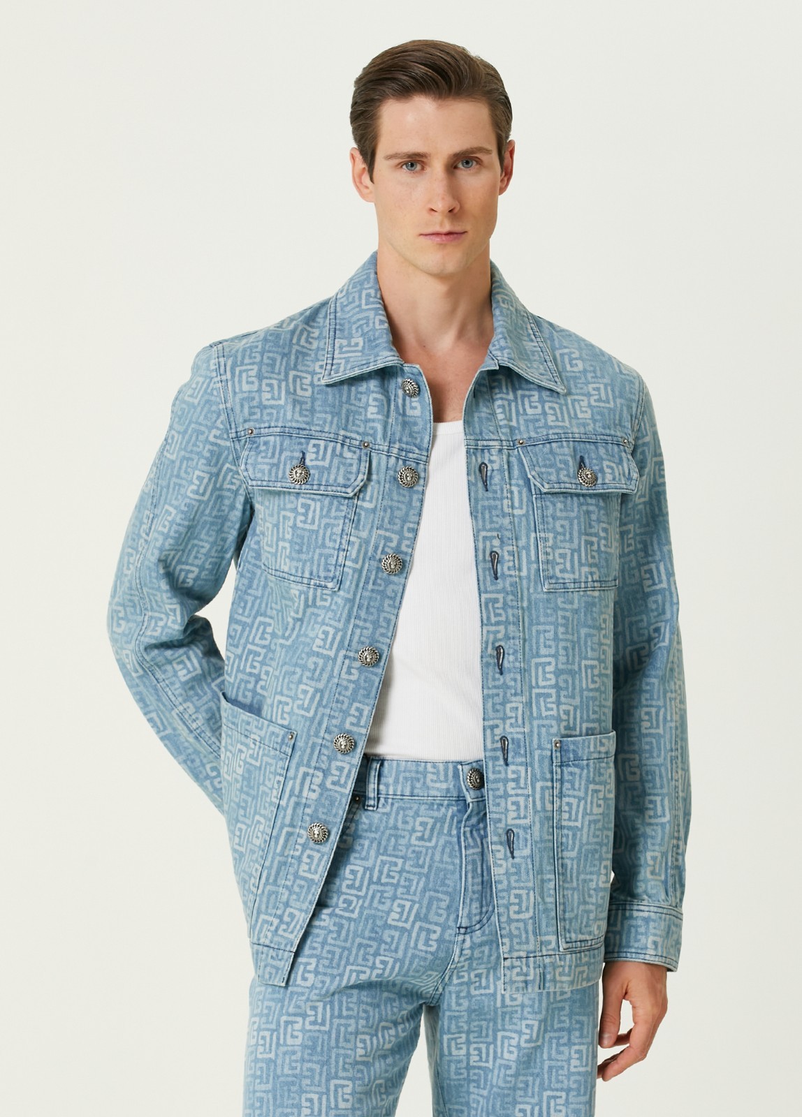 (NO CUSTOMS TAX) BALMAIN blue faded monogram buttoned denim jacket Size Medium