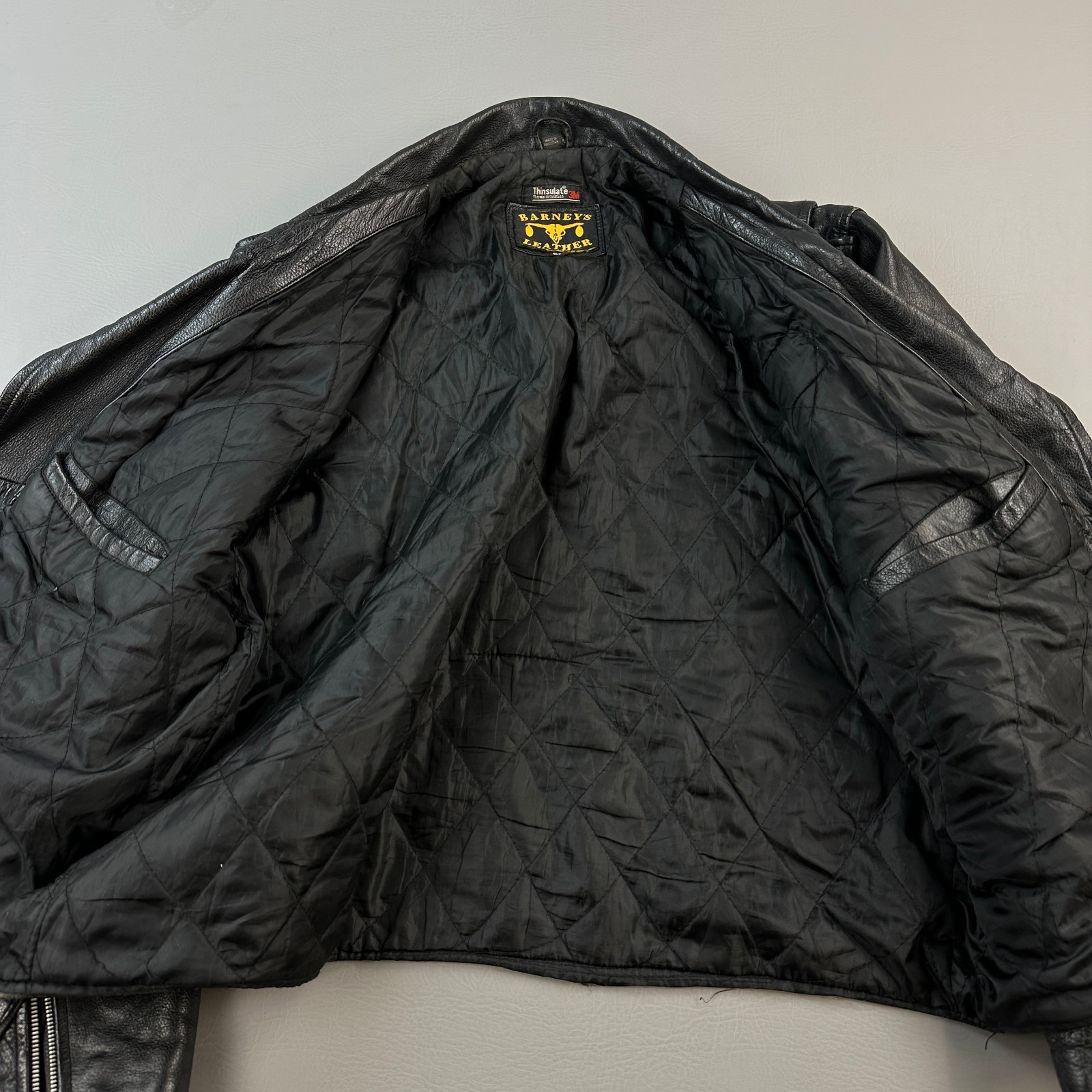 Vintage Barneys Moto Jacket Mens 50 Black Leather Biker Patches Thinsulate 80s