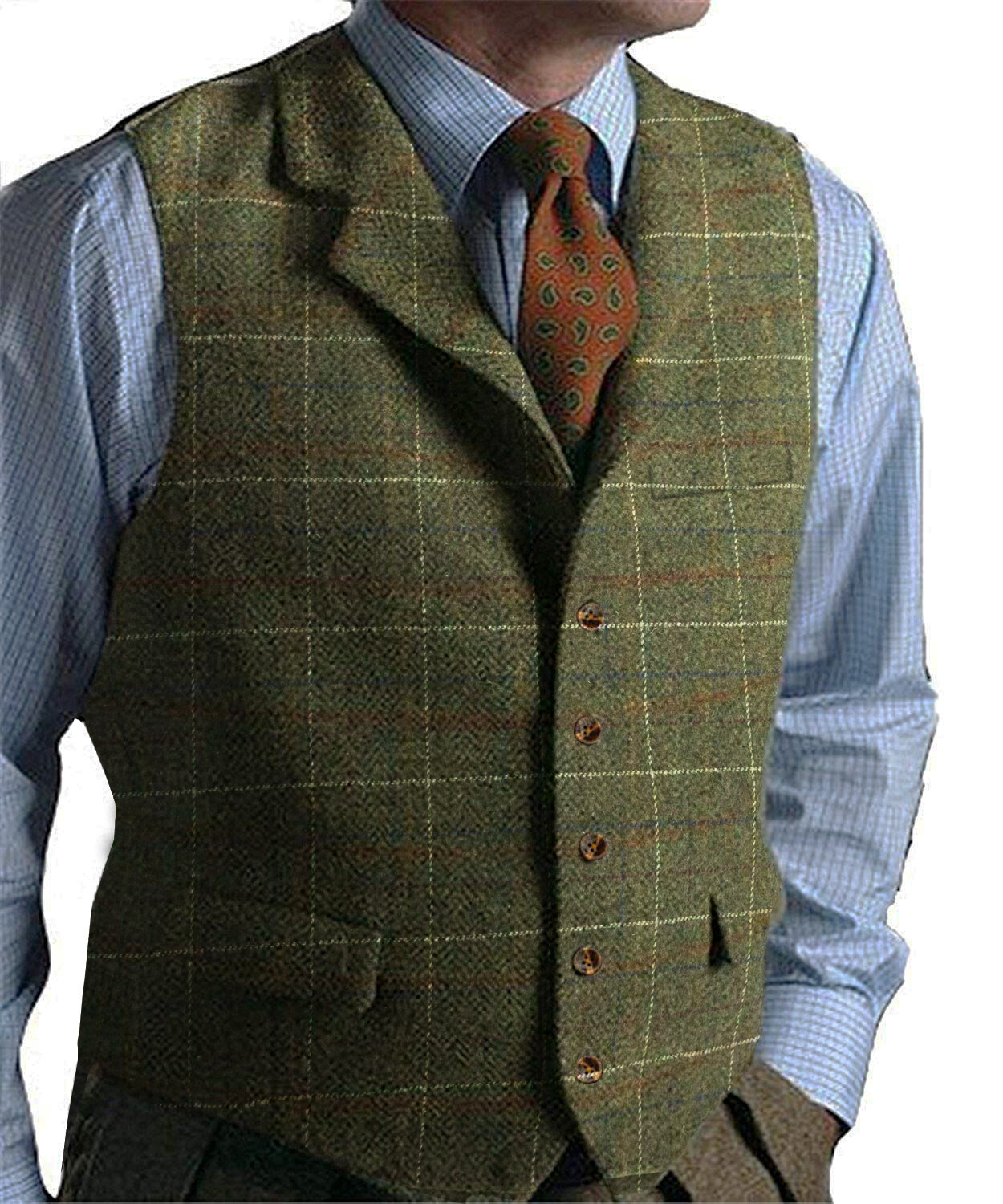 Men Plaid Vest Herringbone Tweed Waistcoat Windowpane Wedding Vintage Wool Retro