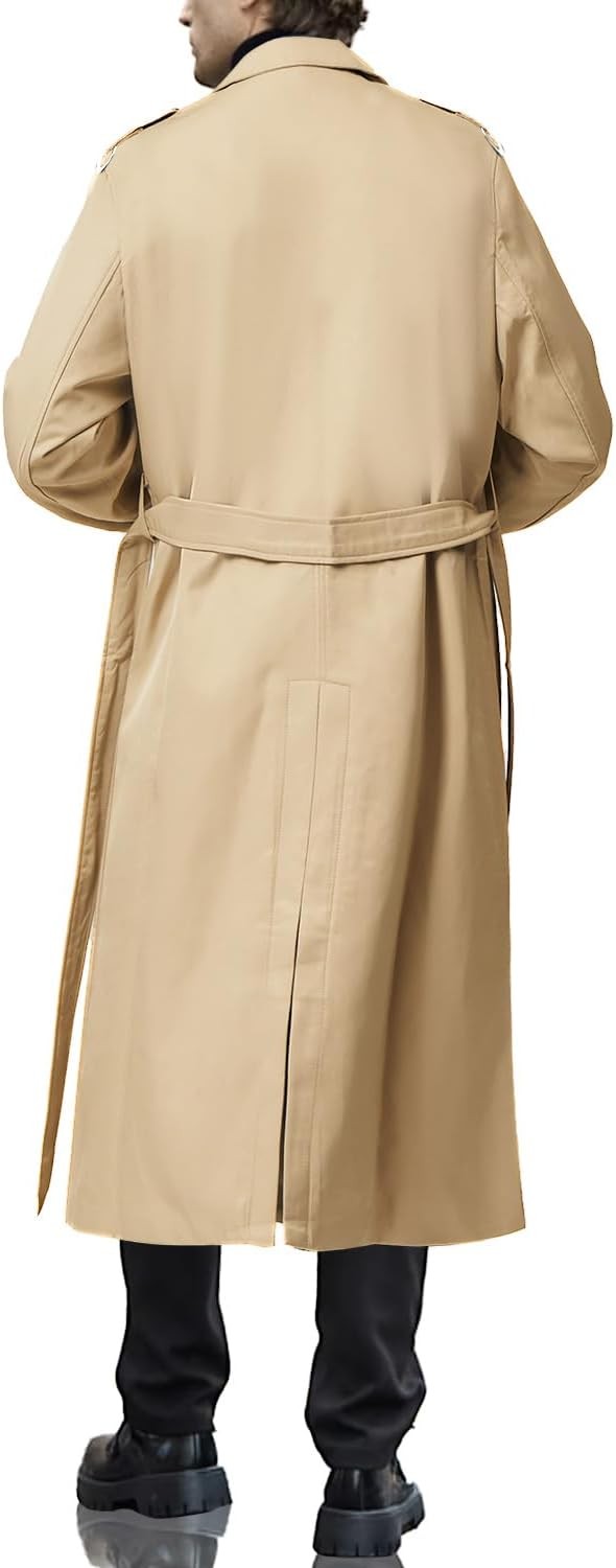 Mens Double Breasted Trench Coat Long Business Casual Windbreaker Overcoat