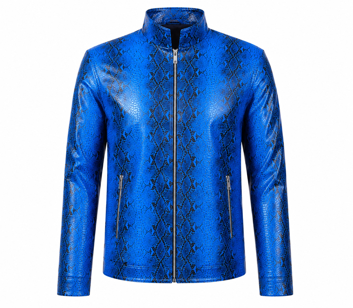 Men’s Genuine Leather Blue Snakeskin Embossed Biker Jacket Zip Motorcycle Coat